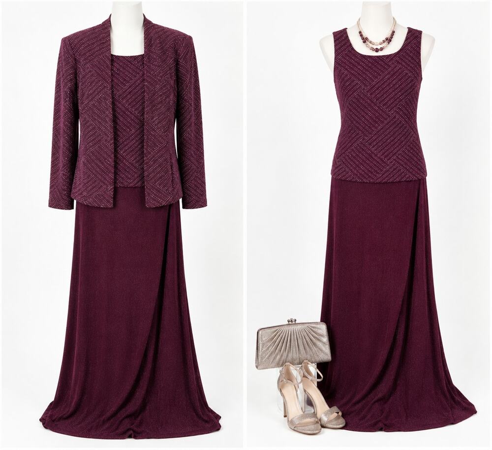 Alex Evenings Plum Metallic Chevron 3 Piece Jacket Top Maxi Dress Womens 8Pet